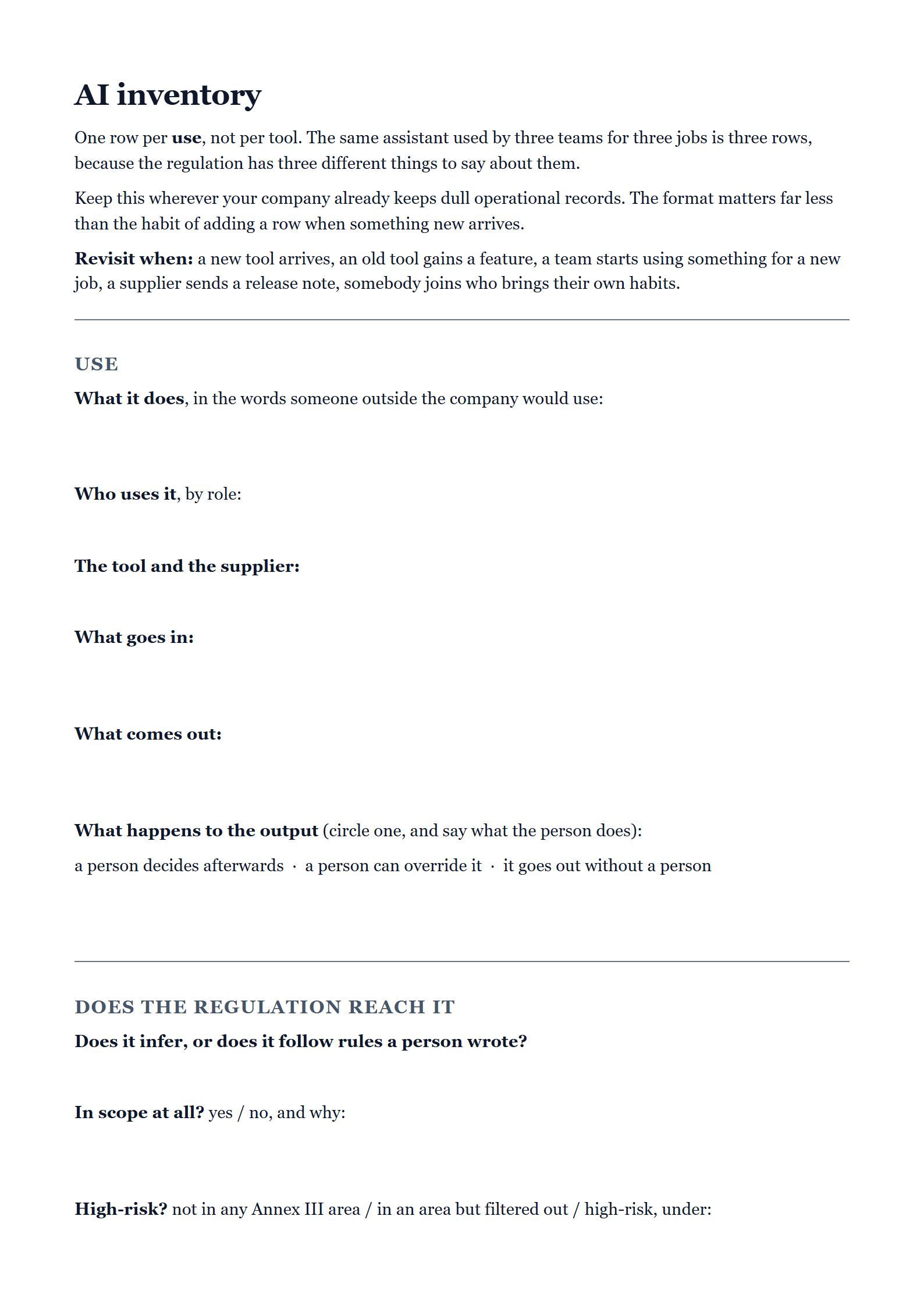 The AI inventory form, with spaces for what a use does, who uses it and what goes in and out.