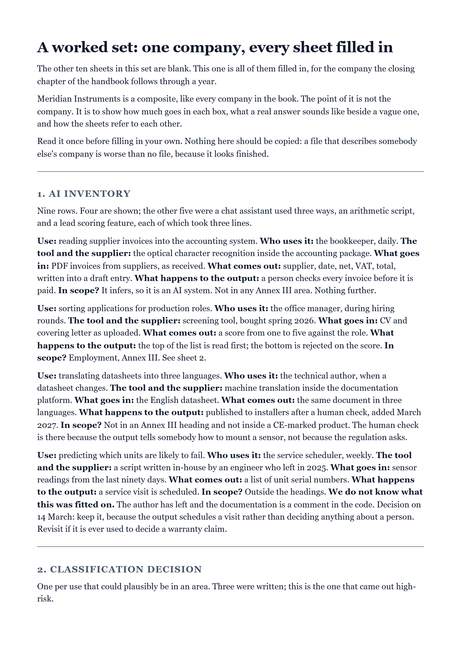 A page of the worked set, showing an inventory and a classification decision filled in for one company.
